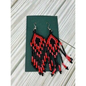 Boho Western Handmade Red Pink Black Seed Bead Beaded Earrings Fringe Tassel
